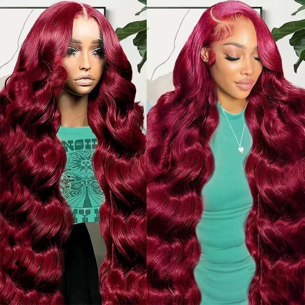 

99j burgundy 13x6 Lace Front Human Hair 200 Density Body Wave 13x4 40 46 Inch Red Colored Lace Frontal Wigs Brazilian For Women