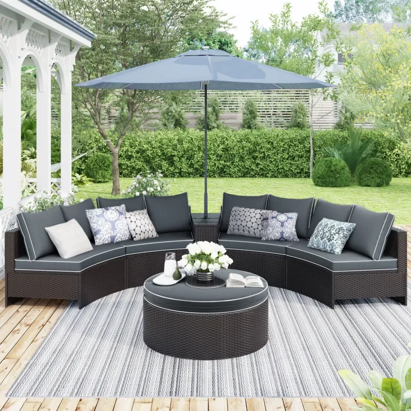 6 Pieces Outdoor Sectional Half Round Patio Rattan Sofa Set, Storage Side Table for Umbrella and Multifunctional Round Table