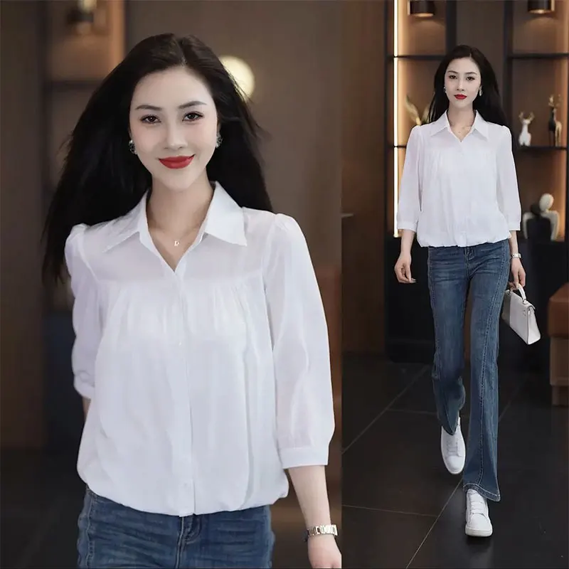 Women Spring Fashion Simplicity Solid Color Polo Collar 3/4 Sleeve Shirts Women Clothes Casual Loose All-match Temperament Tops