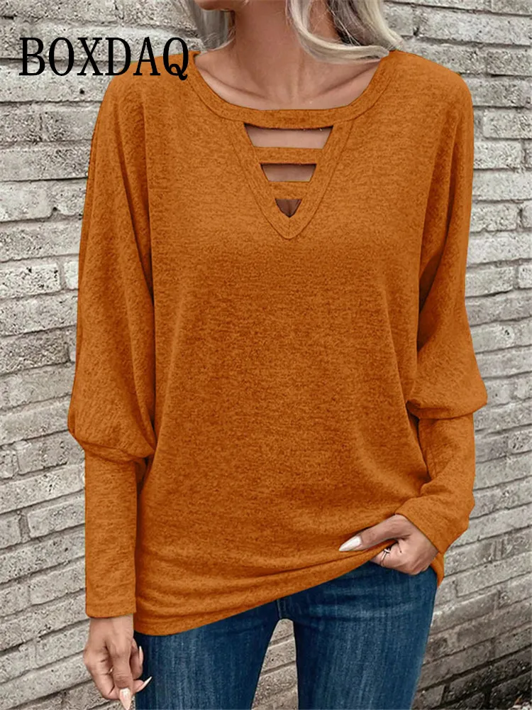 2023 Autumn Winter T Shirt Women Pullovers Lantern Long Sleeve Solid V-Neck Hollow Shirts Casual Vintage Plus Size Female Tops