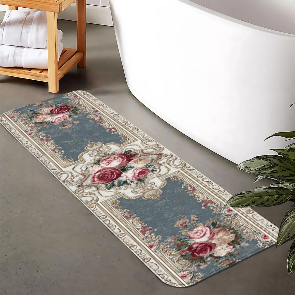 Vintage Floral Rose Non-Slip Bath Mat, Soft Absorbent Long Bathroom Rug with Blue & Gold Border for Shower, Bathtub