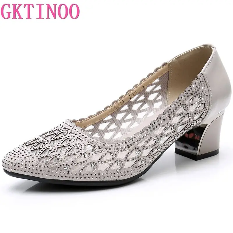 GKTINOO 2024 nowe letnie modne czółenka damskie kryształowe casualowe buty damskie wysokie obcasy Tenis Feminino z prawdziwej skóry