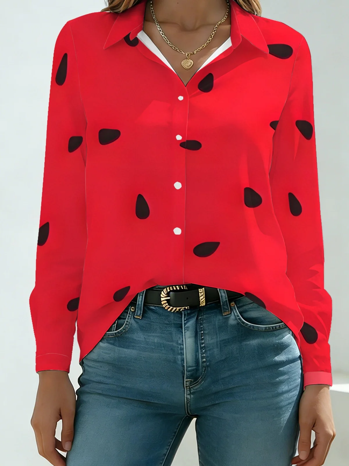 Vibrant Summer Minimal Womens Collared Shirt Pure Bright Red Base Black Watermelon Seed Dot Allover Print Long Sleeve Street Dat