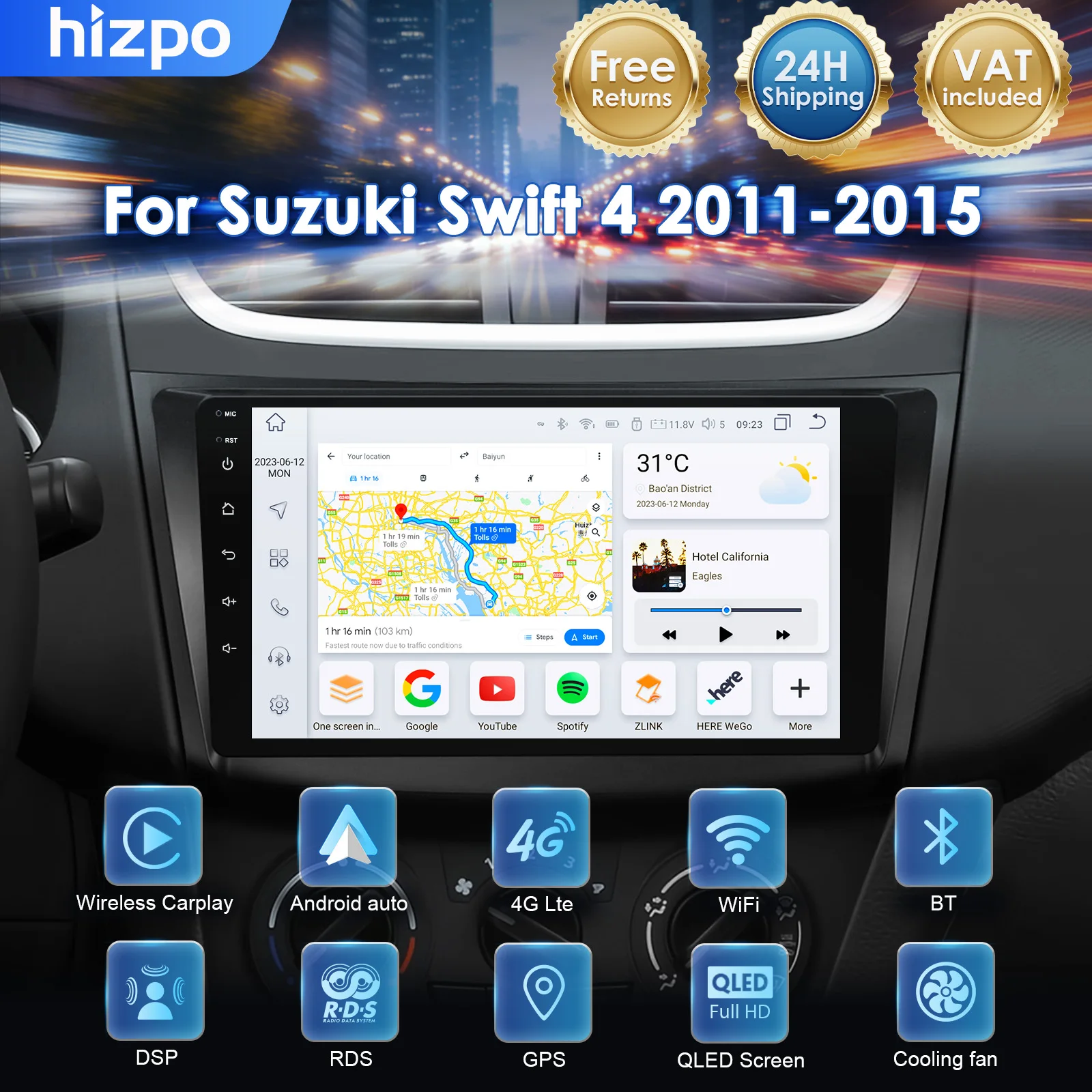 Autoradio Hizpo 8 Core con Sistema Android 14 per Suzuki Swift 4 2011-2015, Lettore Multimediale Intelligente, GPS Stereo, CarPlay Wireless, Auto Wifi 4G AI 2Din