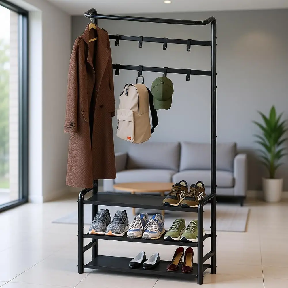 

Черная металлическая вешалка для одежды с полками для хранения и крючками для прихожей, спальни или офиса