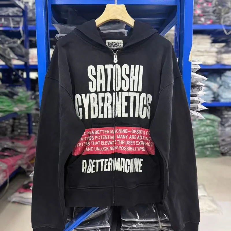 Y2K Fall Winter Black Zip Hoodie Retro Letter Graphic Casual Sweat Jacket