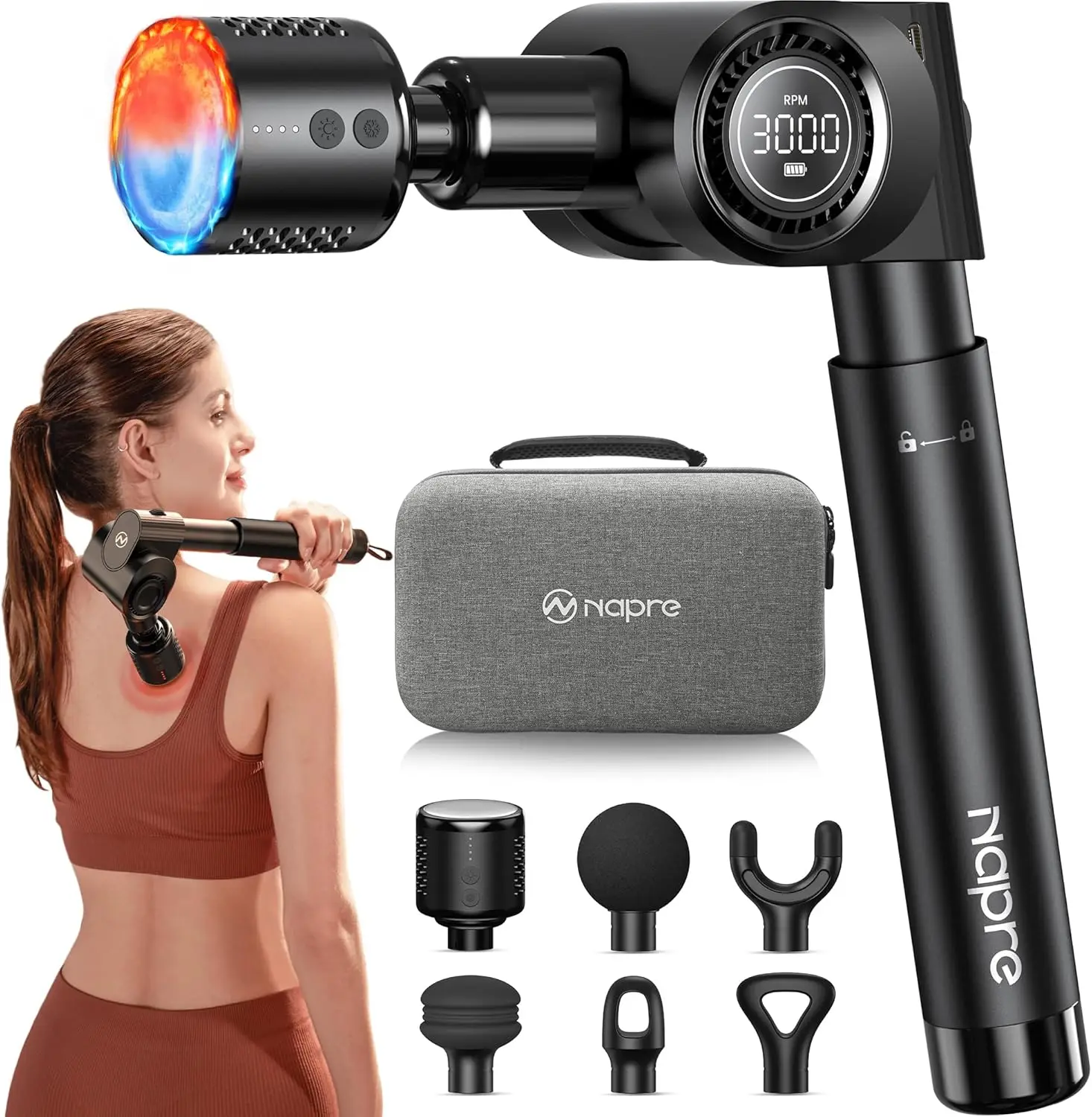 

Heat & Cold Massage Gun with Retractable Handle, 32 Speeds for Muscle Pain Relief, Foldable Design