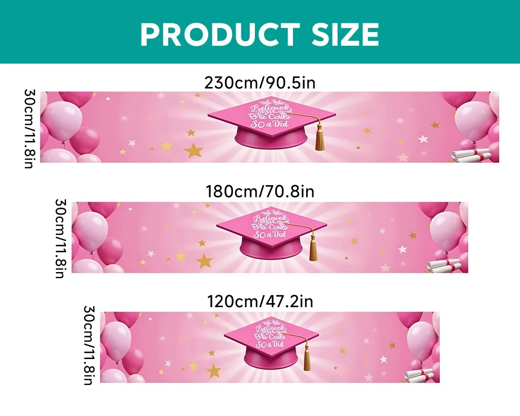 1-Piece Pink Graduation Celebration Print Rectangular Table Runner, Home & Outdoor Party Dining Table Decor