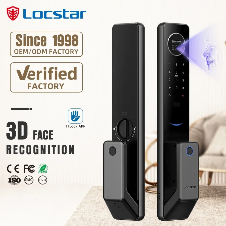 Locstar 3d Face Recognition Multifunction Video Intercom Intelligent Bronze Gold Smart Lock Door With Camera For Wooden Doors