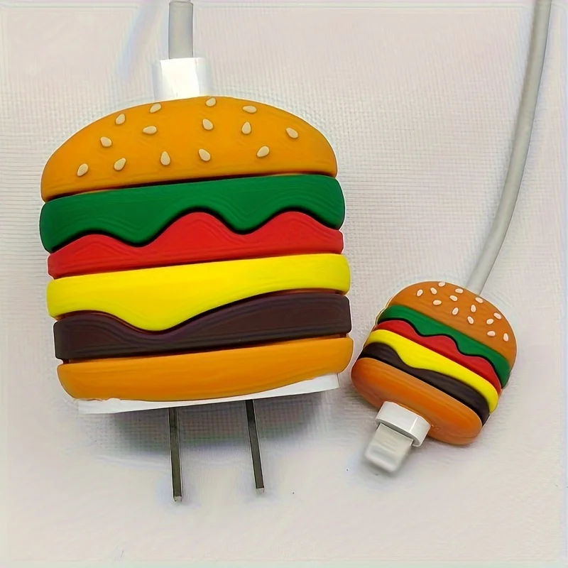 4pcs Hamburger Hot Dog Design Charger Head Protection Case for iPhone 18W/20W Fast Charging Data Cable Anti-Break Protection