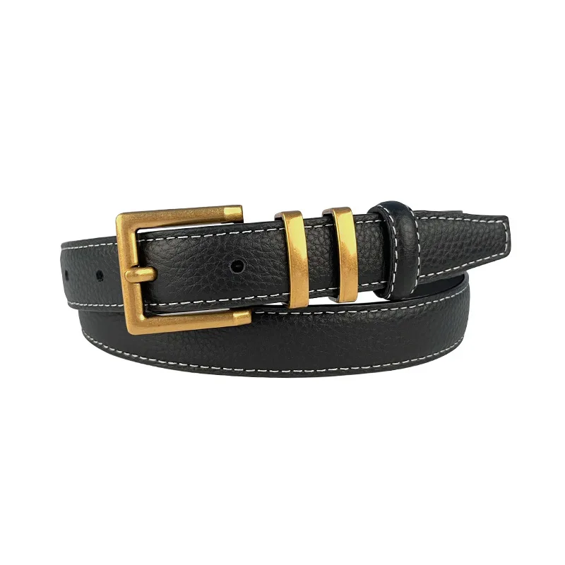 First Layer of Cowhide Litchi Grain Leather Ladies Belt Simple Retro Belt with Jeans Casual Pants Width 2.3cm Belts