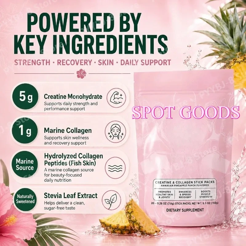Creatine+Collagen Powder Pineapple Flavor Support General Wellness Skin & Muscle Care Daily Nutrition 20Stick Packs Sugar-Free