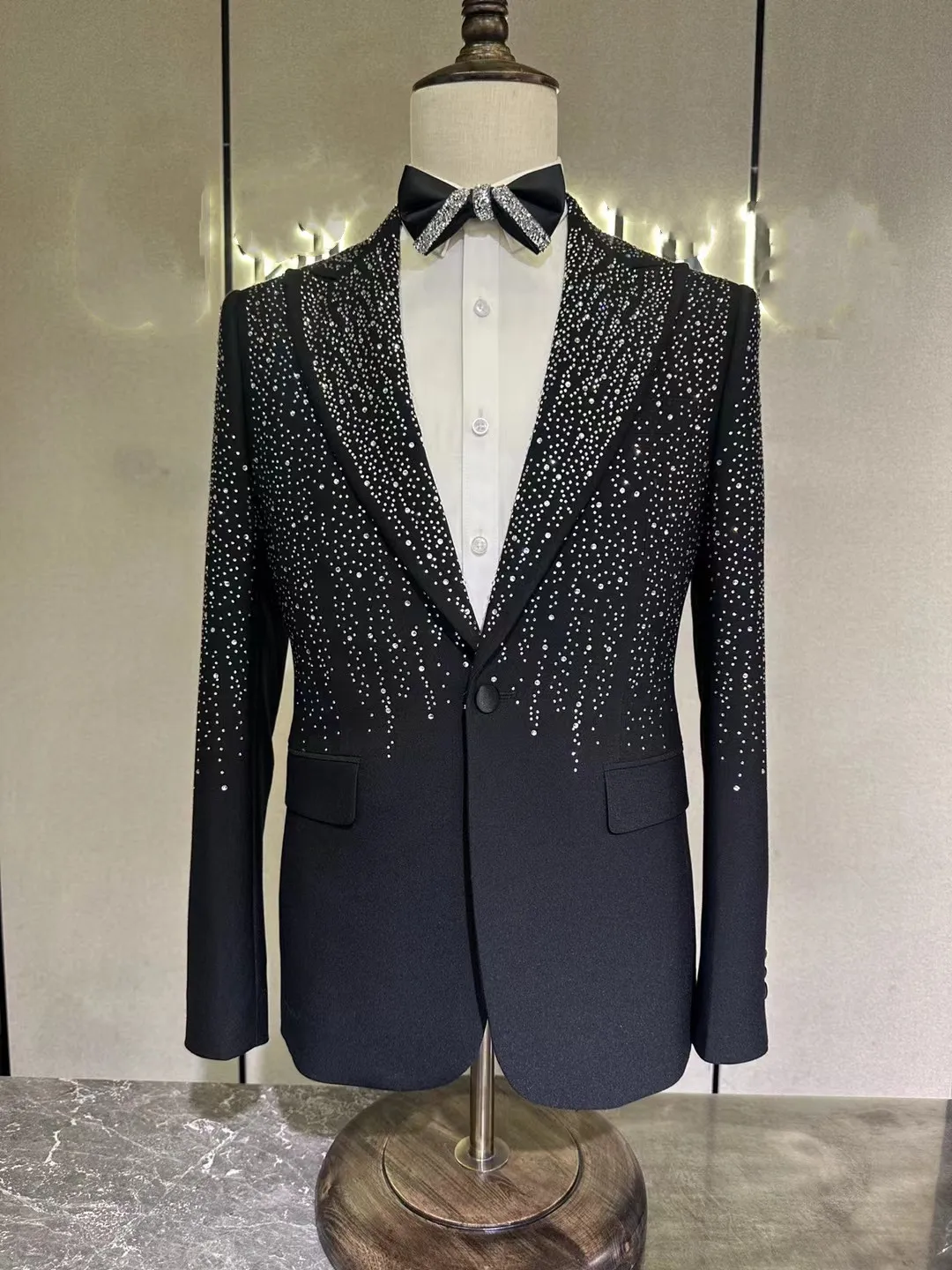 Custom Sticky diamond Shiny Black Wedding Suits for Mens Formal  high-grade Blazers Party perform Fashion model runway clothing