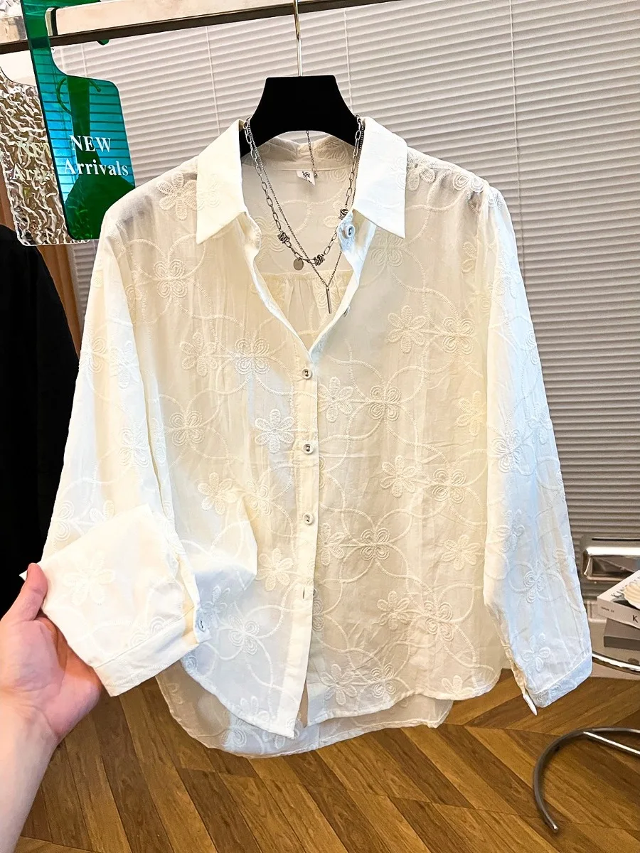 Sweet Sle Loose Fit Cotton irt Women's Pure Color Embroidered Flower Button up Casual Breathable Long Sve  Ne