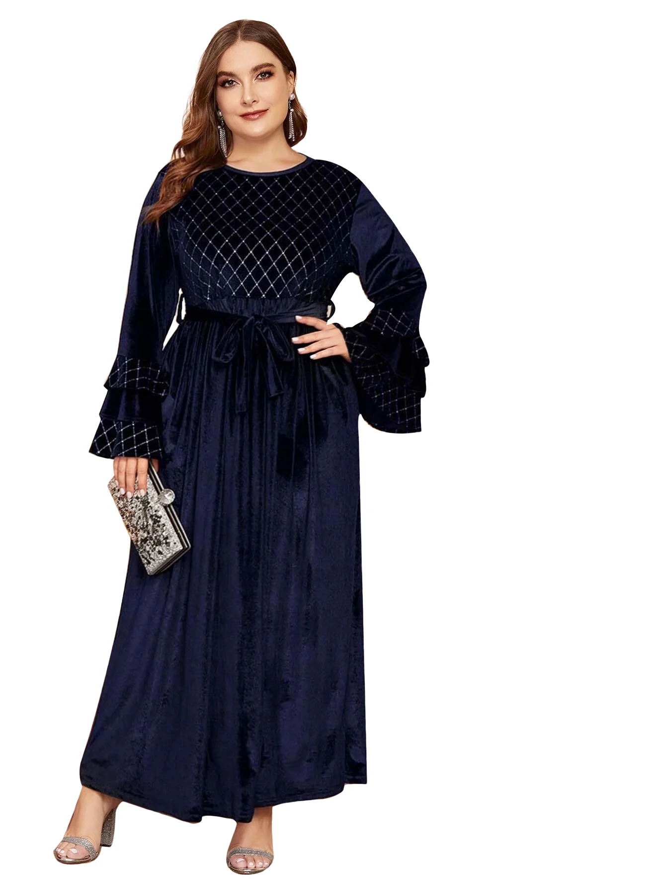 Muslim autumn and winter new fashion dress Dubai Arab Turkey plus-size women\'s bronzes flared sleeve canary loose dress