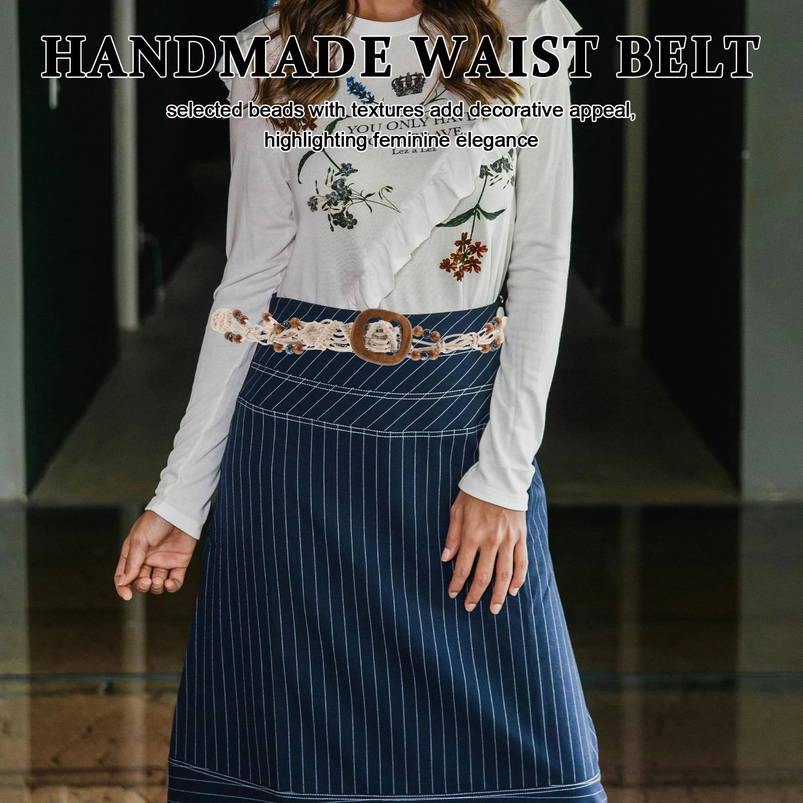 

Boho Wooden Bead Belt Handwoven Wax Rope Square Buckle Adjustable Women Ethnic Hippie Beaded Braided Vintage Waistbelt