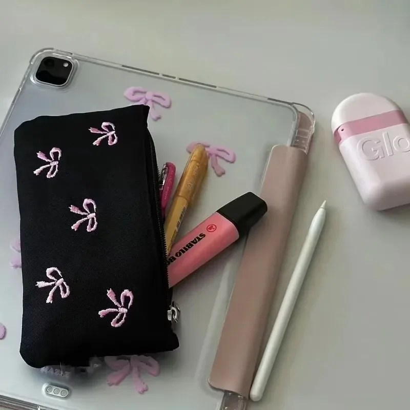 Simple Ins Cosmetic Bag Black Bow Embroidery Pen Bags High Appearance Level Cosmetic Storage Bags Special Purposes Bag wholesale