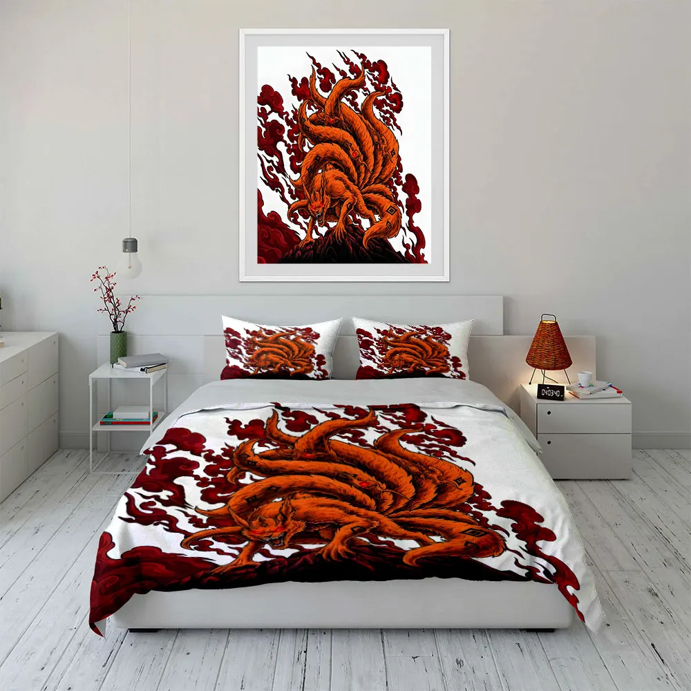 Nine-tailed fox with fiery background Bedding Set for Kids Luxury Gift 3pcs Digital Print Comforter Set Soft Comfortable