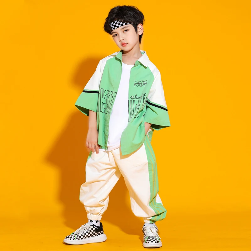 Teen Boys Dance Clothes Hip Hop Loose Green Tops Pants Street Dance Clothing Girls Modern Dance Outfit Kids Jazz Costume BL8911