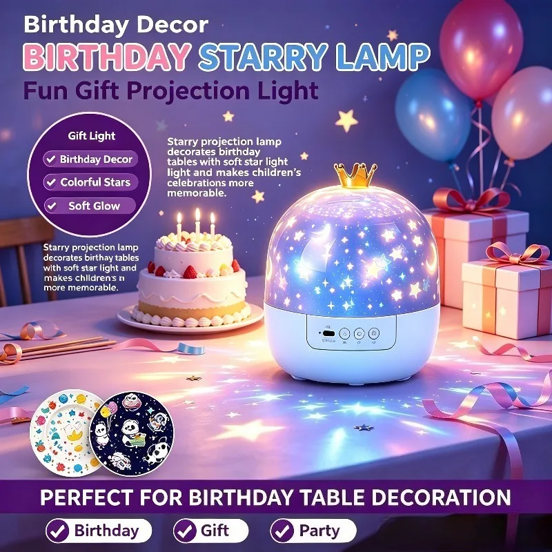 Rotating Starry Sky Projector, Children's Night Light with Sound Box and Scene Patterns for Bedside Rooms and Play Tents