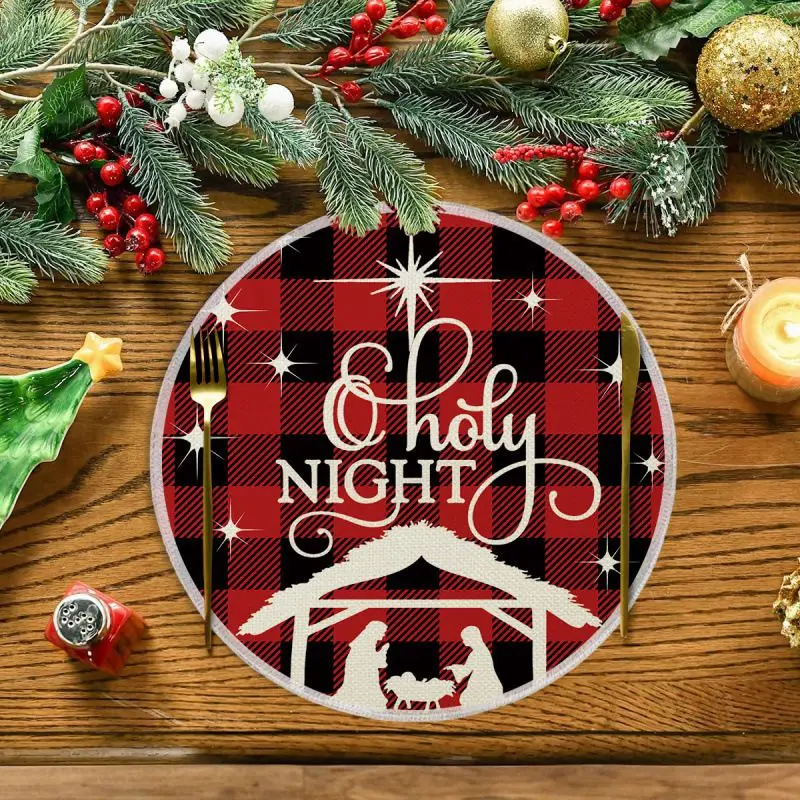 VIKAMA Cream Crimson Holiday Tree Round Placemat Red Pink Pine Golden Star Merry Text Brushstroke Xmas Table Mat Premium Quality