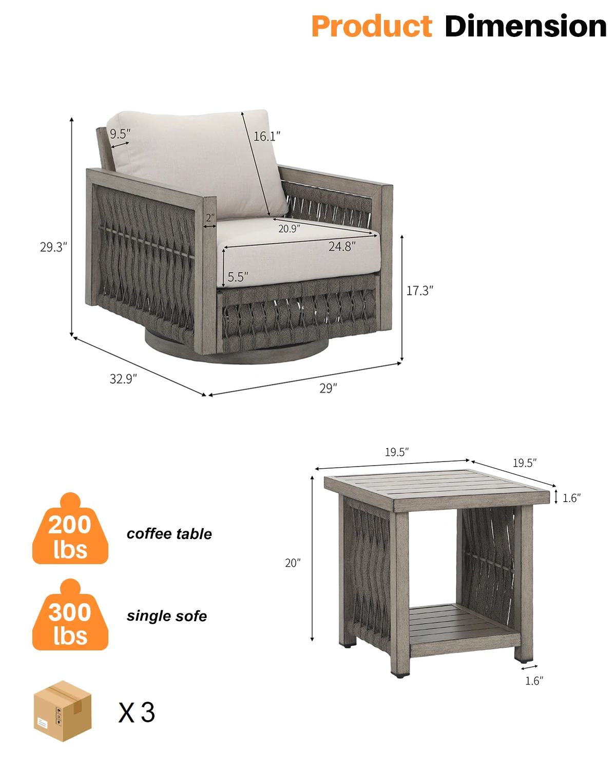 Conjunto de móveis giratórios para pátio externo, alumínio, 3 cadeiras, almofadas grossas e laváveis para pátios, hotéis, parques, varandas, varandas