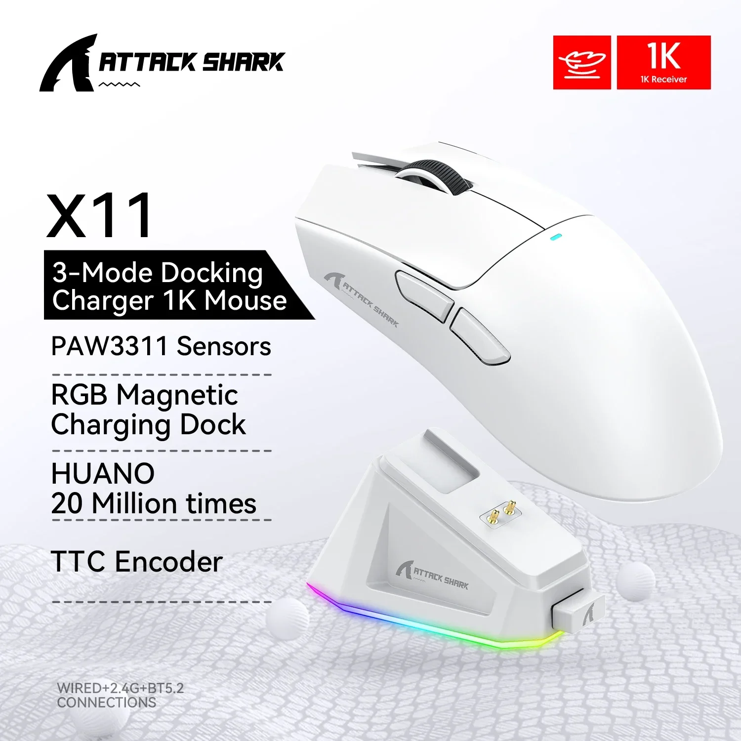 

Беспроводная игровая мышь Attack Shark X11 Tri-Mode Bluetooth/2,4G/проводная, с магнитной зарядной станцией PAW3311 RGB