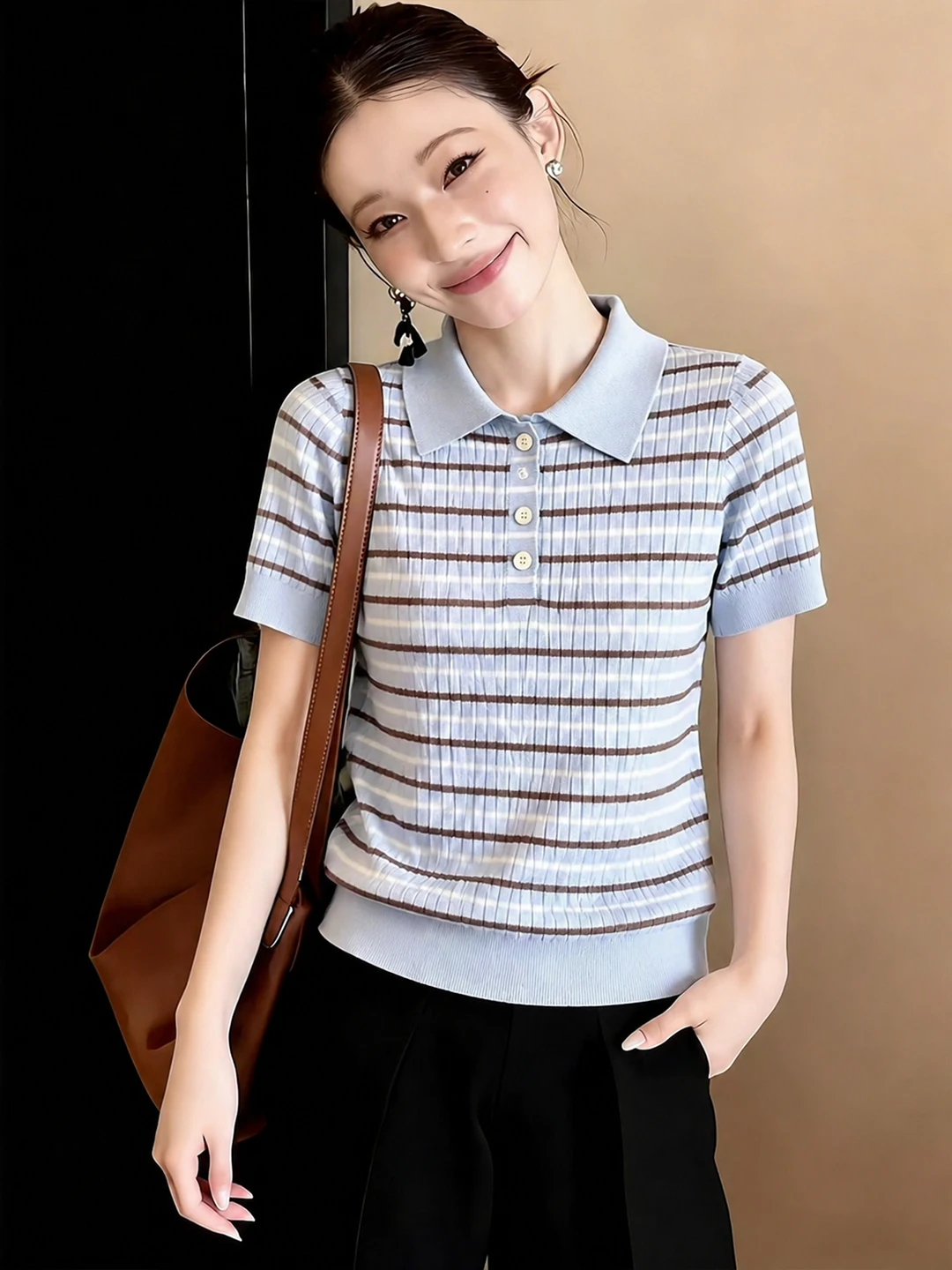

Korean Style Commuter Stripe Neck Short Sleeve Knitted Shirt Women's Fashion Slimming Top Color Block Summer 2026