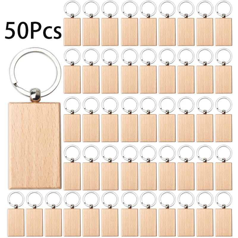 

50Pcs Blank Wood Key Chain Rectangle Wooden Blank Keychains Unfinished Wood Keychains Key Tag for DIY Gift Craft Supplies