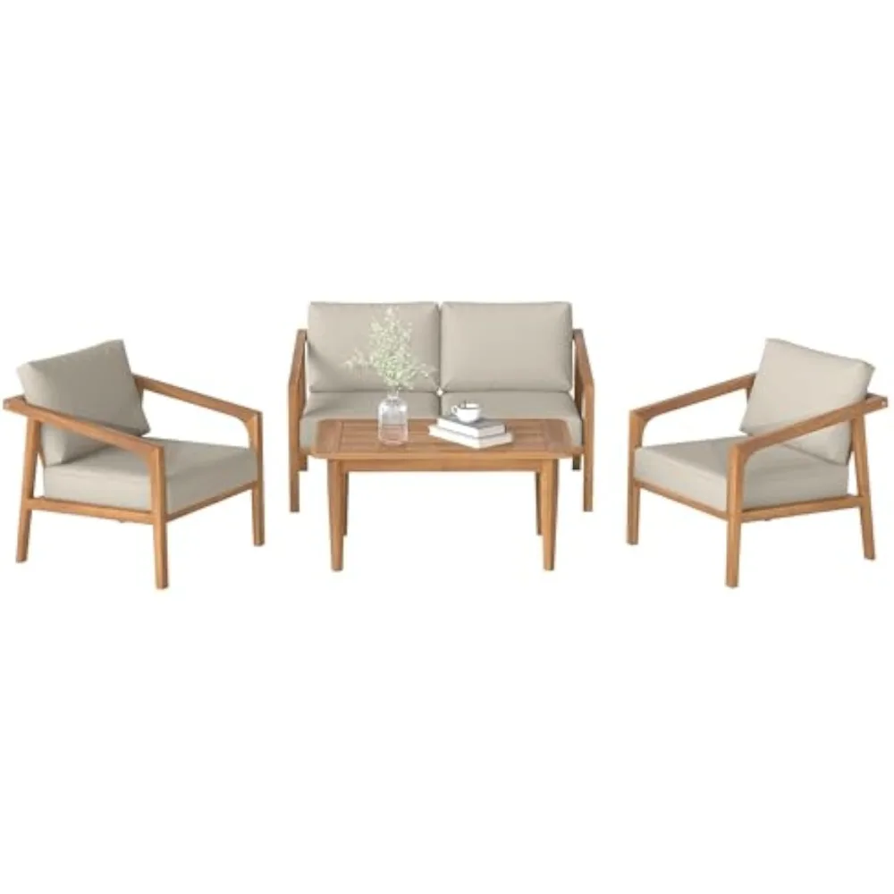 

4-х предметный набор мебели для патио из дерева акации, уличный диван, двухместный диван и стулья с утолщенными подушками, разговорное место на открытом воздухе