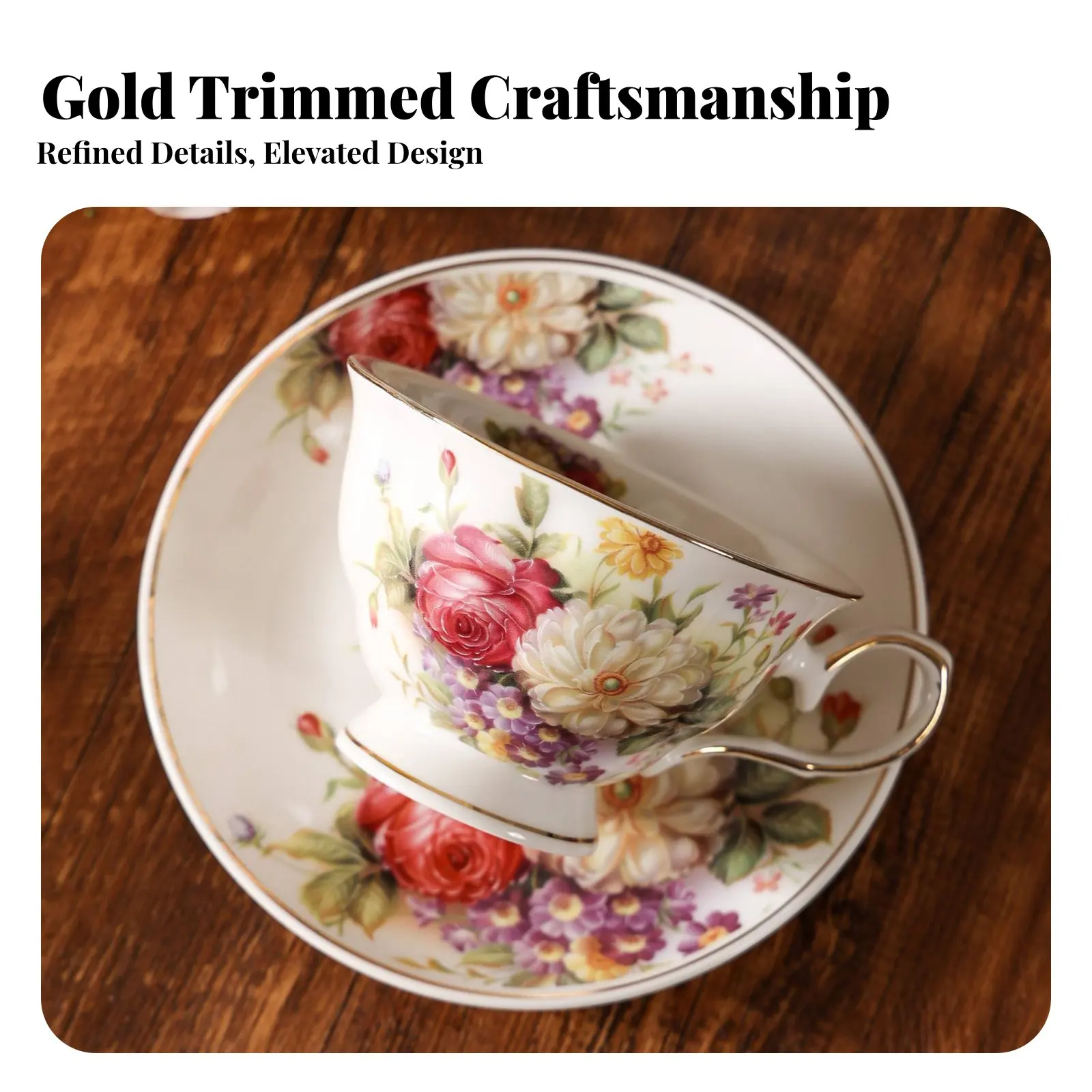 Vintage Floral Tea Mug Set Great Gift Suggestion British Design Afternoon Tea Set Gold Edge Ceramic Mug Long-Lasting for Women