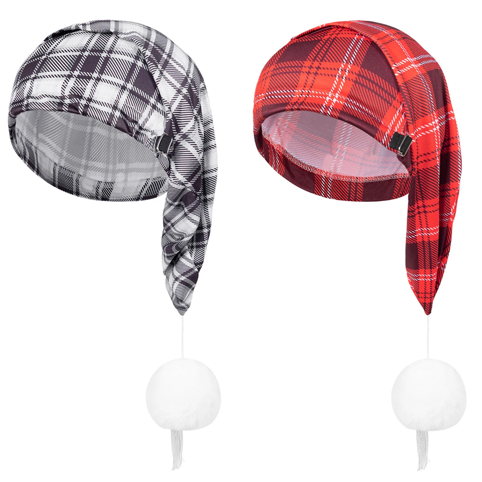 

2 Pack Unisex Men Women Adjustable Plaid Pattern Night Sleeping Cap Hat with Pom Ball and Tassel for Christmas Holiday Festival