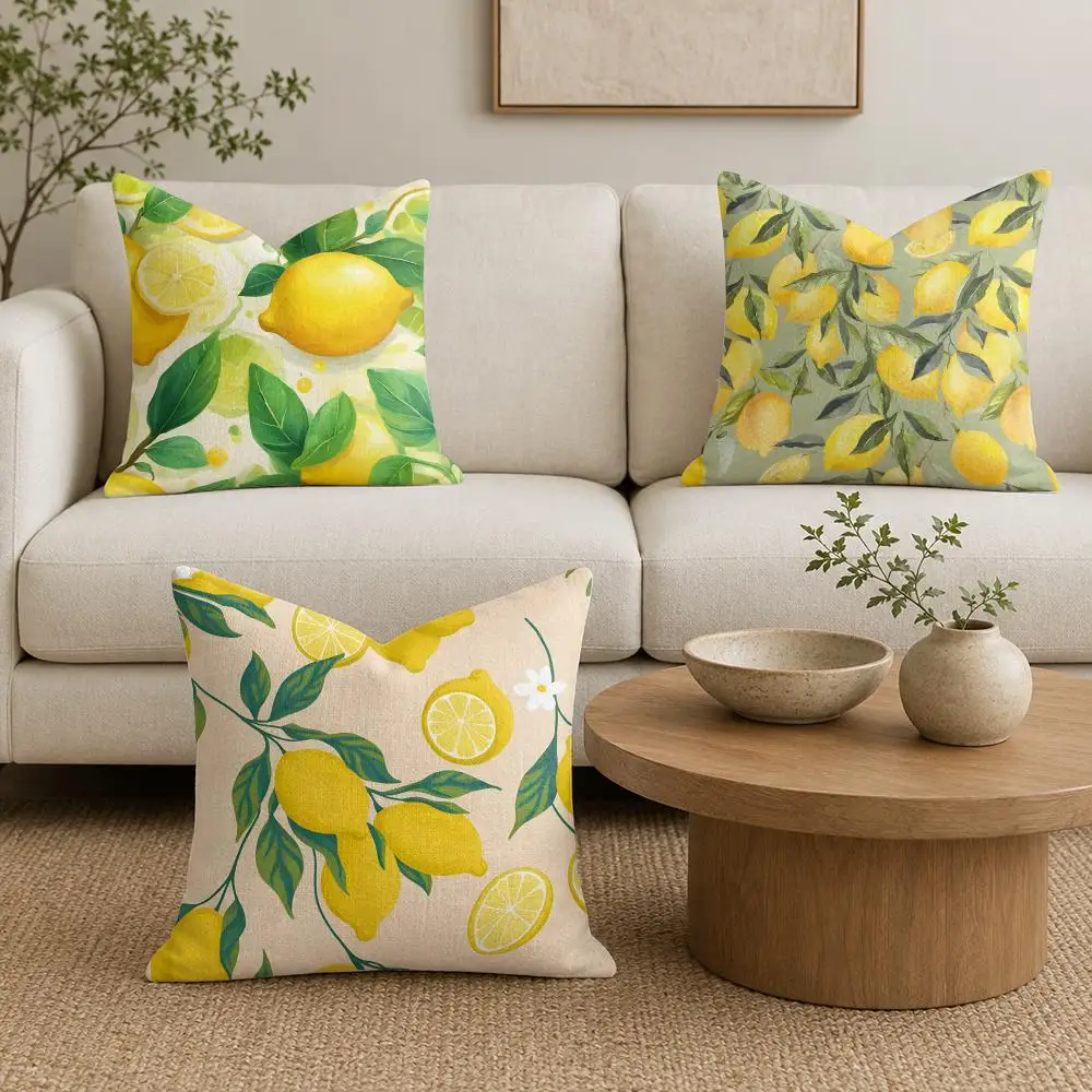 Fashon Lemon Cushion Cover Organic Linen Throw Pillow Cover - Double-Sided Print Breathable Cushion Case Home Decor