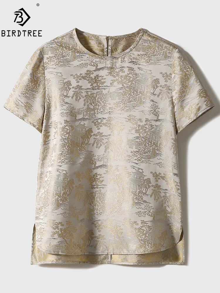 BirdTree, 34MM 28%Mulberry Silk Elegant T-Shirt, Women O Neck Short Sleeve, Fashion Jacquard OL Top, 2024 Summer Autumn T48246QM