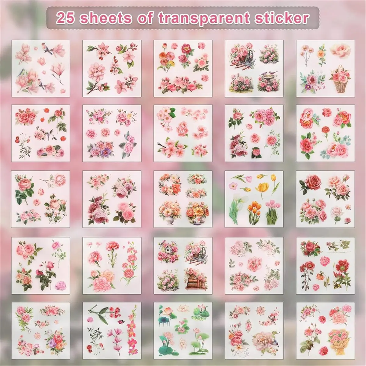 REST Flower Sticker, Scrapbooking Supplies for Adult Junk Journal 50 Sheets, Transparent Stickers and Material Paper Pink