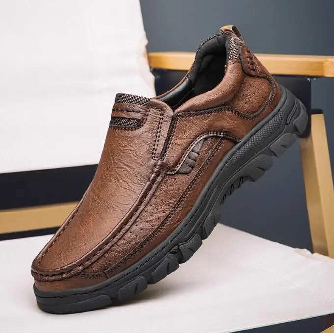 

Classic Men's Slip-On Casual Leather Shoes Anti-Skid Round Toe Loafers Thick Bottom Dress Footwear All Season Walking Shoes