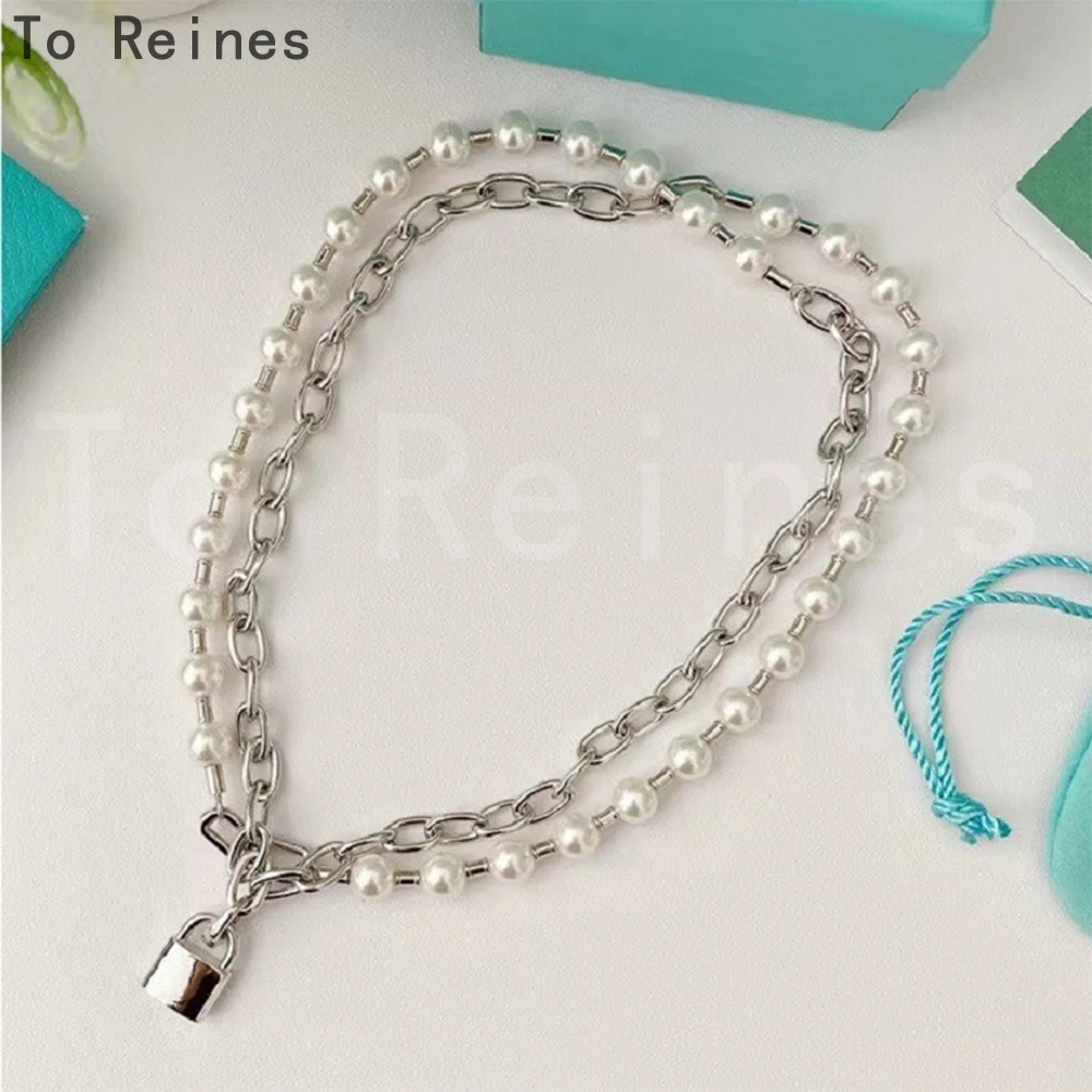 

To Reines Vintage Fashion Punk Lock Pendant Women Pearl Patchwork Necklace Female Multilevel Silver Color Hip Hop Jewelry Gift