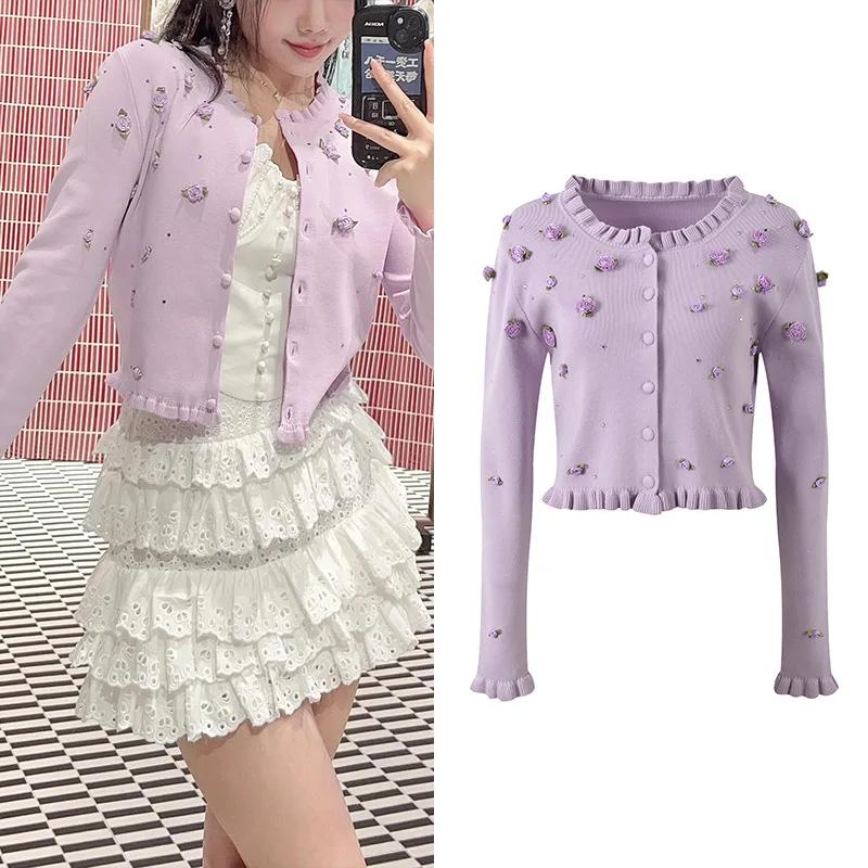 

Slim Fit Long Sve Knitted Open Cardigan Purple Top with Embellied Flowers And Wood ain s Ele Women's Outerwear