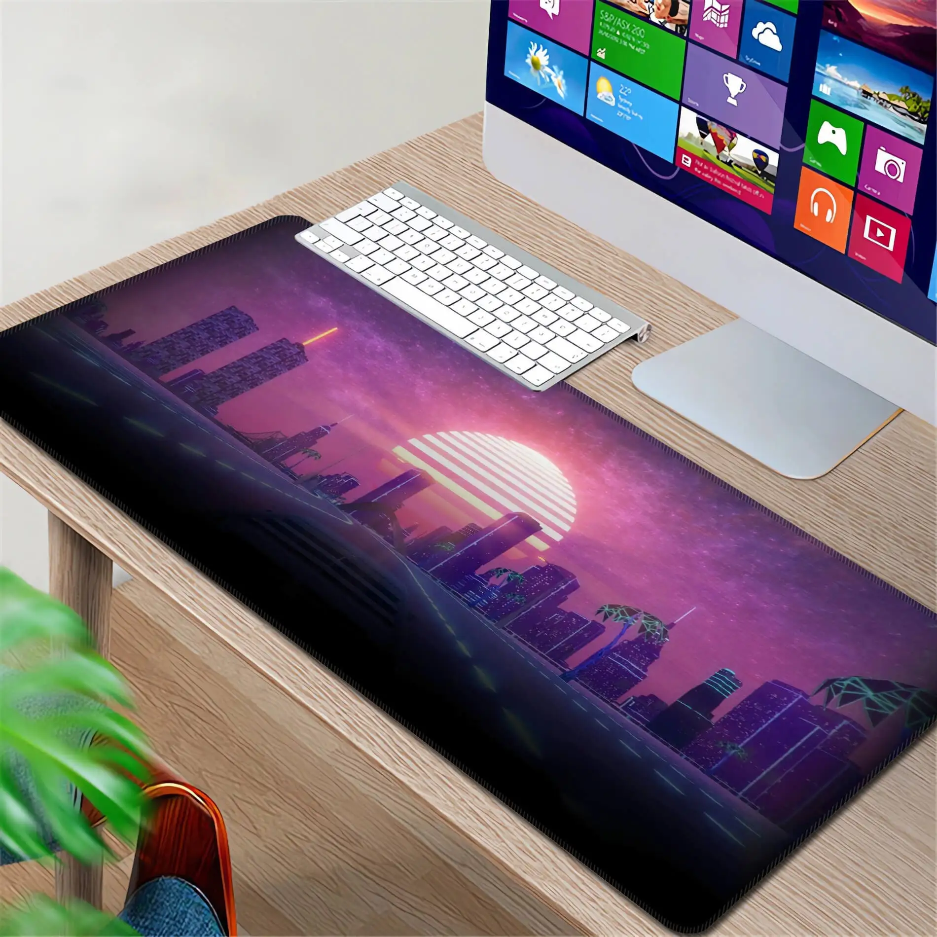 Cyberpunk City Desk Mat, Neon Gaming Mouse Pad, Vaporwave Gamer Desk Mat, Retrowave Desk Decoration, Computer Keyboard Mats