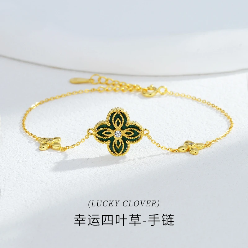 

Браслет Lucky Clover из стерлингового серебра S925, натуральный малахитовый акцент, легкая роскошная регулируемая цепочка для нее ​