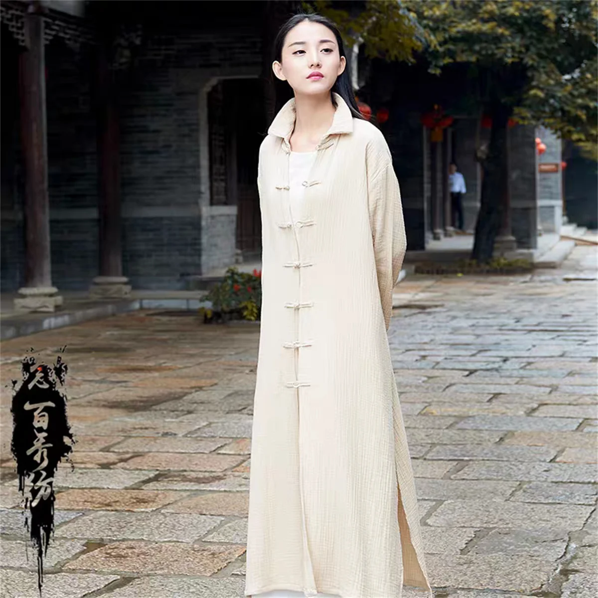 Abito Lungo in Cotone e Lino Stile Cinese, Vestito Estivo Casual da Donna, Taglia Grande, Tinta Unita, Cardigan Vintage a Maniche Lunghe