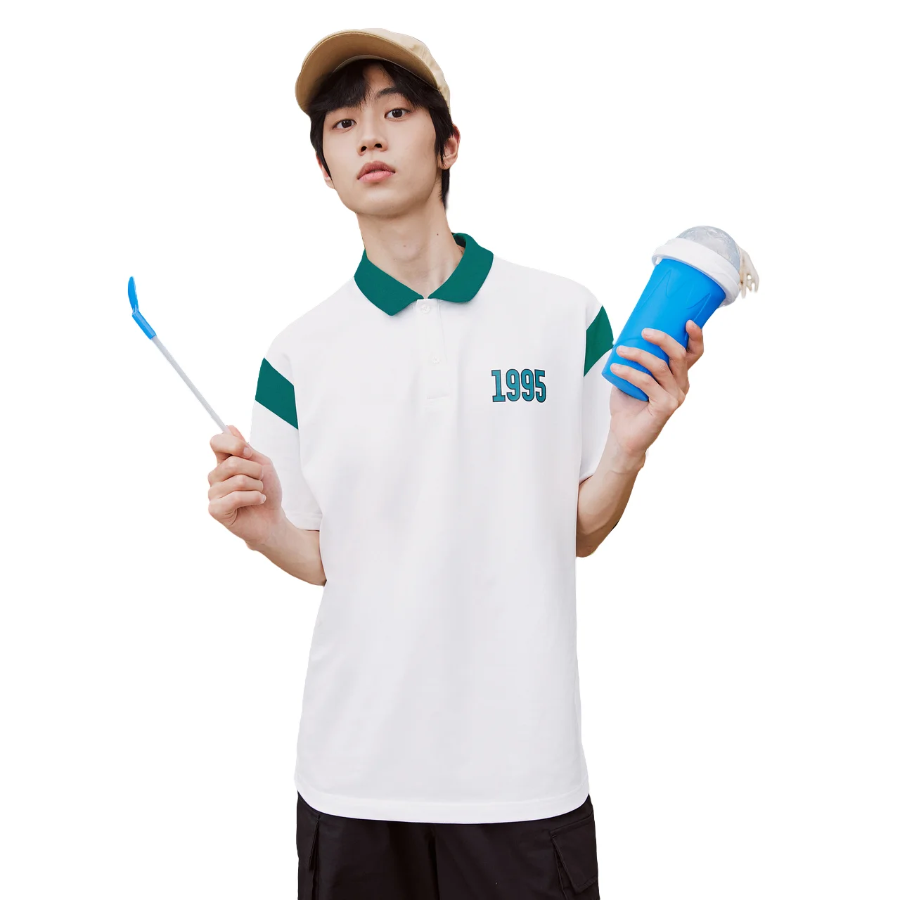 

Metersbonwe-Men's Fashion Splicing Color Contrast Printed Shirt Loose Short-Sleeved Polo Shirt Youth College Sports Style Summer