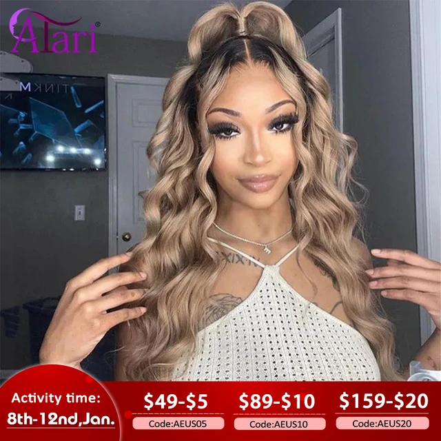 13x6 Ombre Dark Blonde 27 Human Hair Wigs Transparent 13x4 Black Roots Lace Frontal Body Wave Wig Pre Plucked 5x5 Closure Wig AliExpress