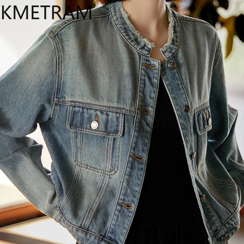 KMETRAM 90% 코튼 데님 재킷, 빈티지 워시 데님 재킷, 패션 가을 겉옷, 여성 2024, 신상