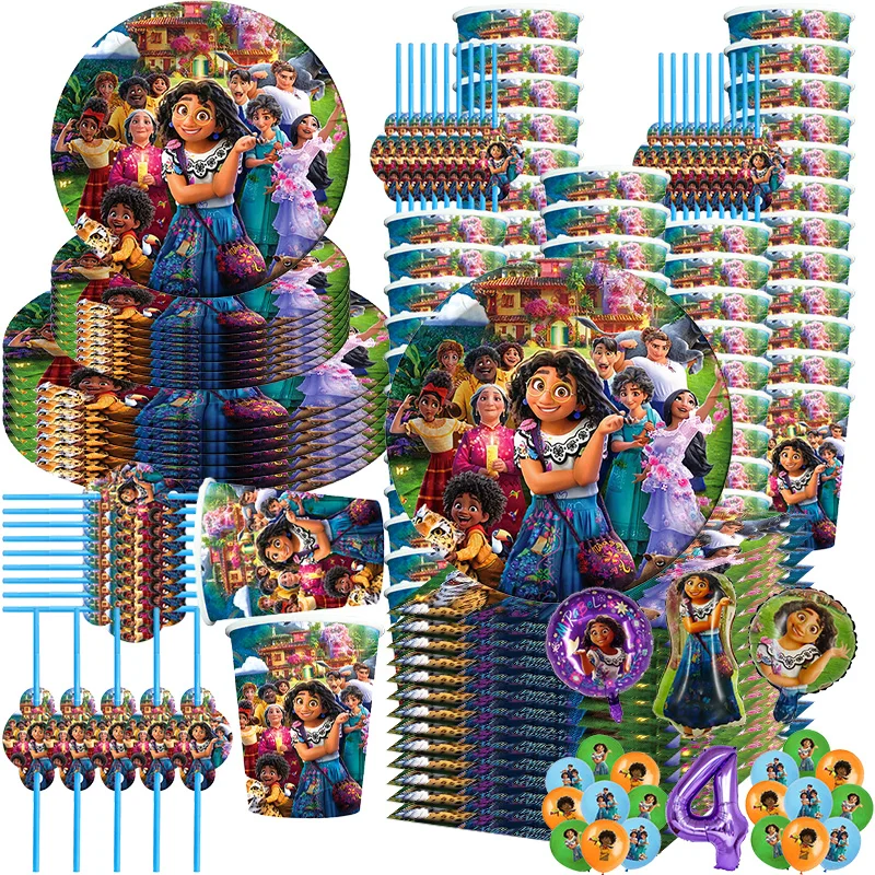 Nueva decoración de fiesta de cumpleaños Encanto, plato de globo con tema de cumpleaños Mirabel, servilleta, taza, vajilla púrpura, suministros para fiesta de niña, recuerdo