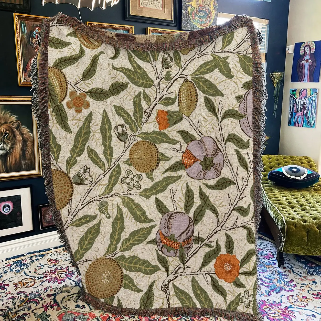 Vintage Pink Jungle Leopard Botanical Woven Throw Blanket, Fringed Tapestry Wall Hanging Decorative Sofa Cover