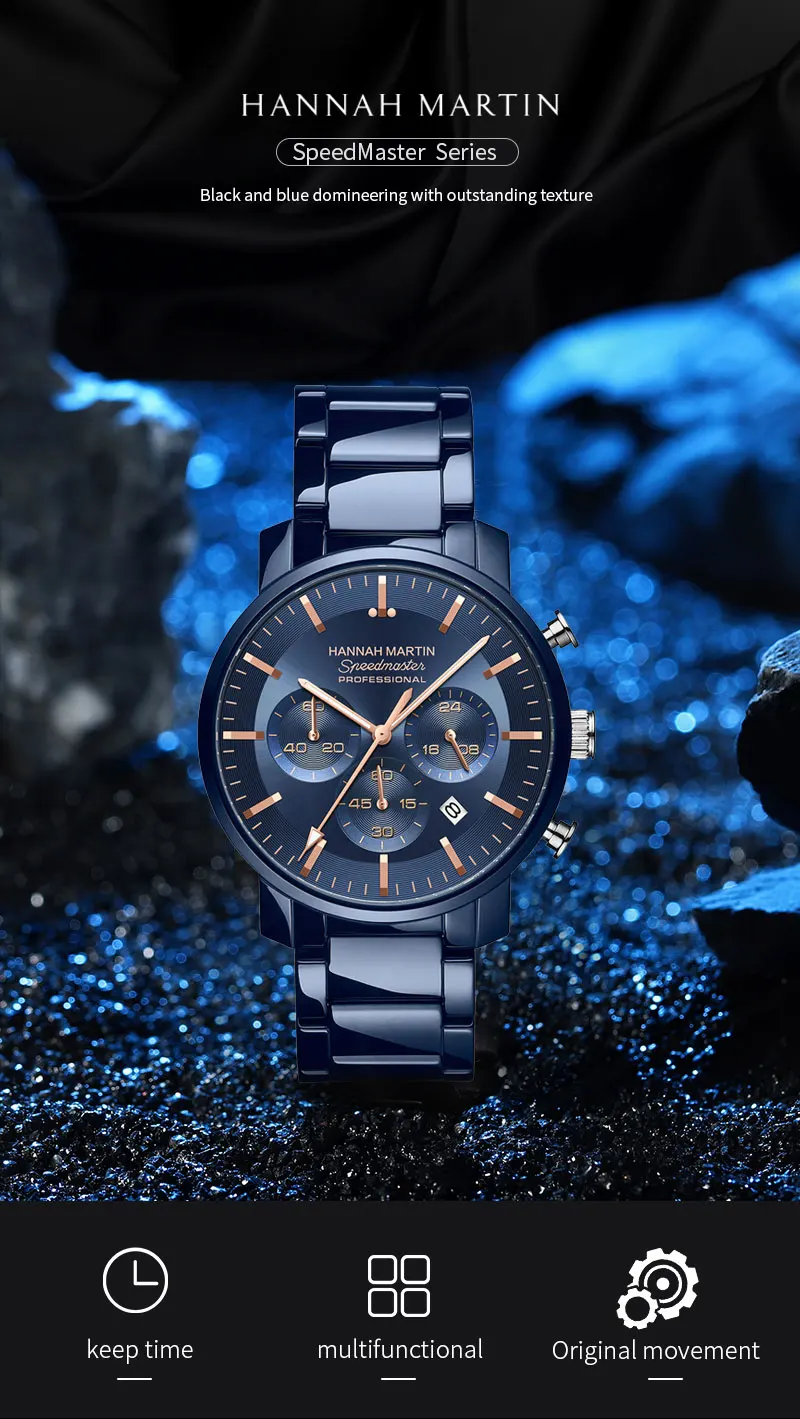 2024 neue multifunktionale Uhr Hannah Martin Marke 46 mm Blau Silber Edelstahl Freizeit Quarz Timing Uhr Kostenloser Versand – Detail 7