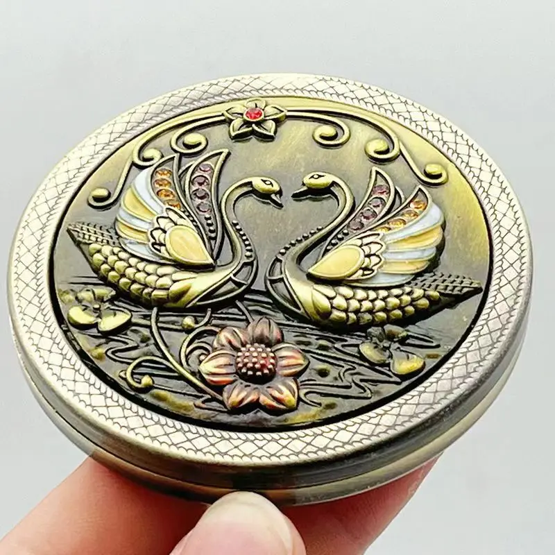 Russian Vintage Double Sided Small Fold Mirrors Exquisite Relief Carved Bronze Metal Makeup Bag Mini Pocket Mirror for Woman