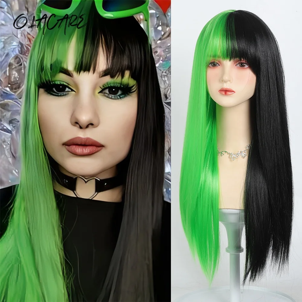 

OLACARE Synthetic Hair Half Black Half Green Wig Long Straight Hair with Bangs Cosplay Wig for Girls Party Show Carnival Wig
