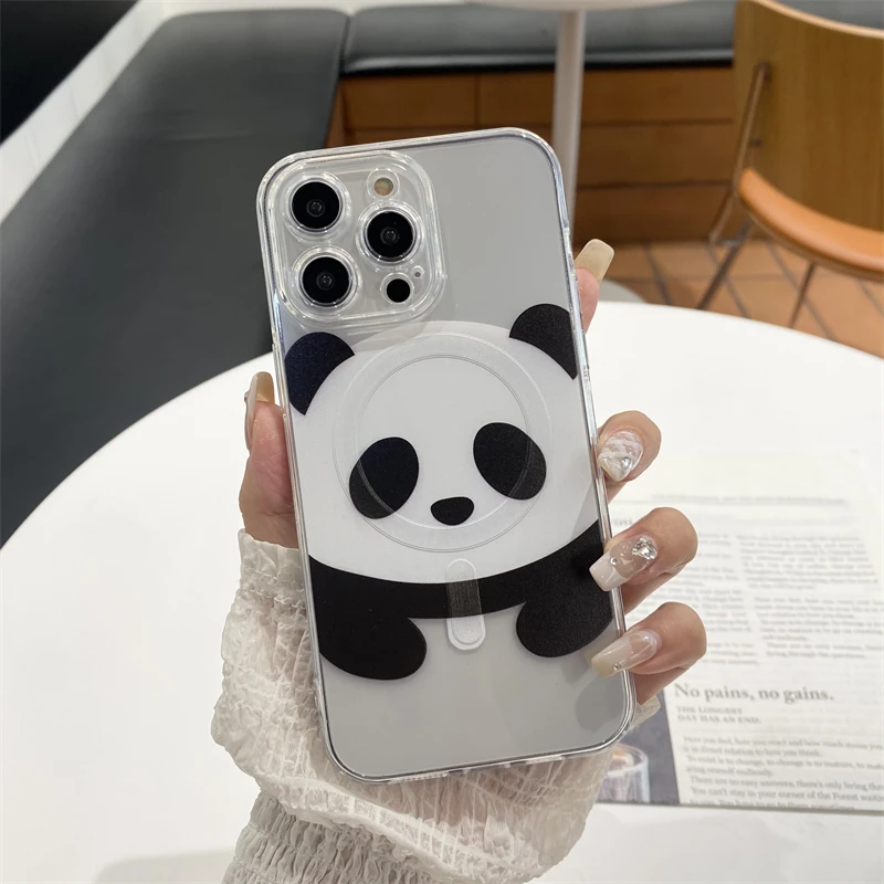 Korean Cute Panda Magnetic Stand Grip Tok Cartoon Panda Magsafe Phone Case For iPhone 15 13 12 11 Promax 14 Plus Back Cover